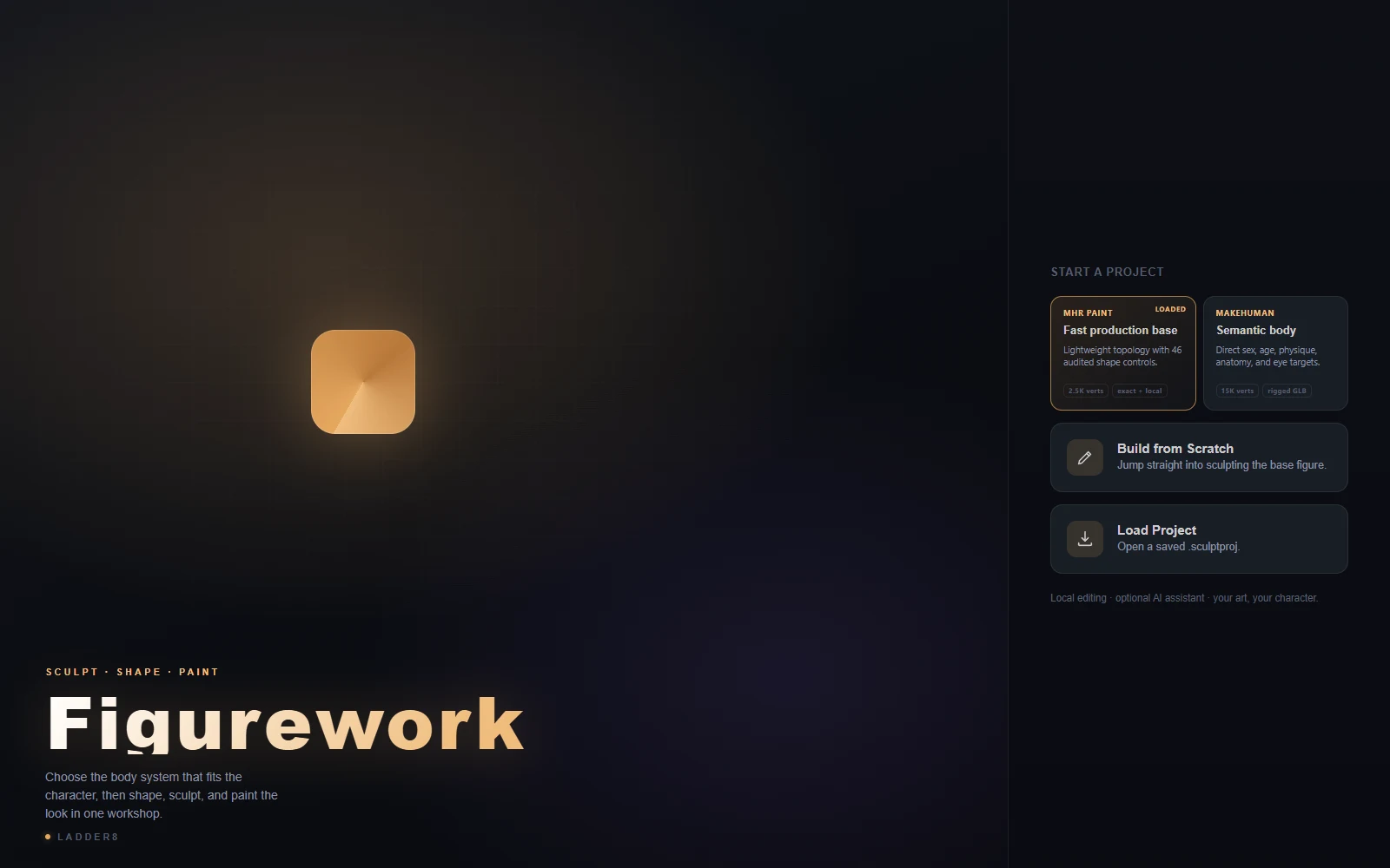 The Figurework launcher offering MHR Paint, MakeHuman, a blank sculpt, and saved projects