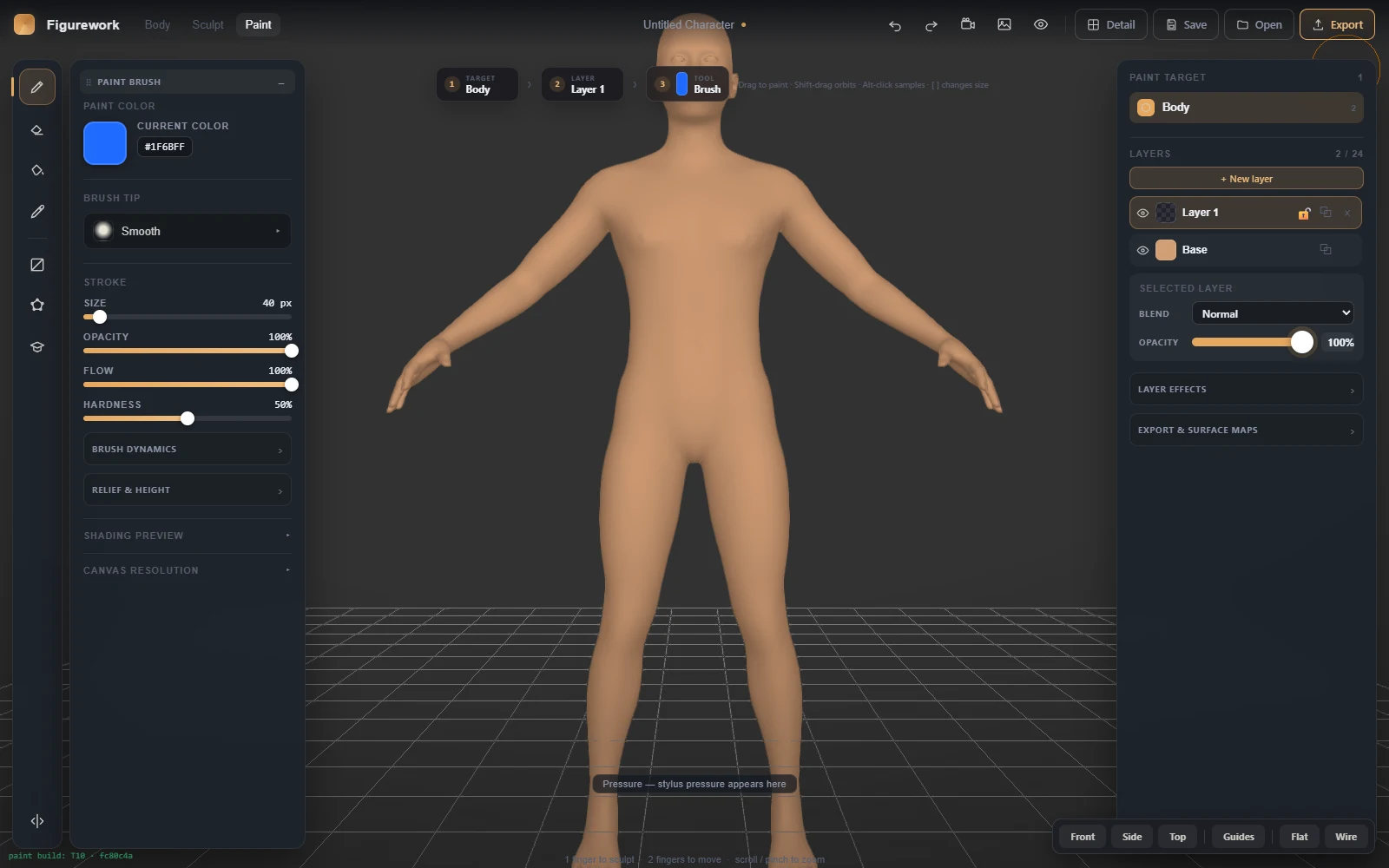 Figurework in Paint mode with brush controls, a layer stack, and the shaped MakeHuman body