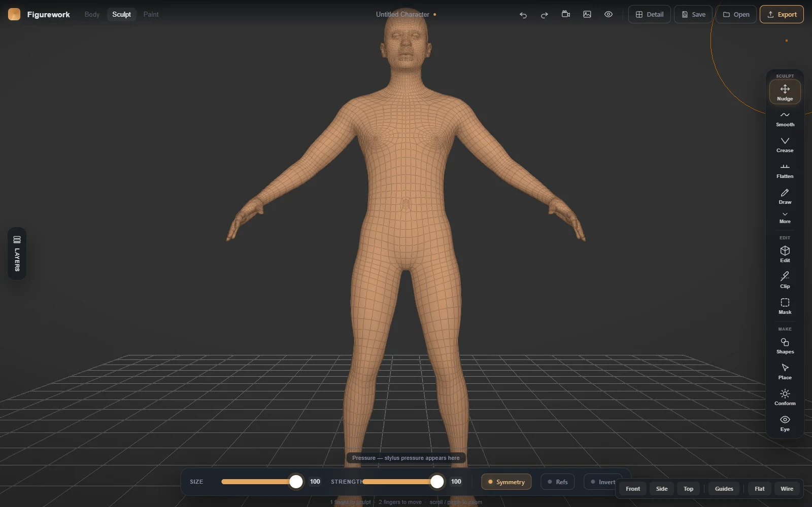Figurework in Sculpt mode with the MakeHuman topology shown as a wireframe and sculpt tools arranged at the right